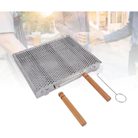 Cesta para asar con dos garras de madera y separadores extraíbles – cesta de acero inoxidable para asar pescado, carne y verduras – dimensiones: 30,5 x 4 x 25,5 cm (1/5)
