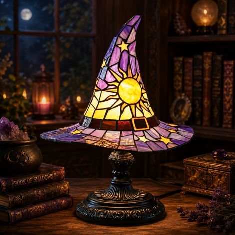 Veilleuse en résine de style chapeau de sorcière en vitrail, alimentation USB, lampe de table avec soleil et étoile pour chambre à coucher, étagère et décoration d'Halloween (violet, 30 cm)