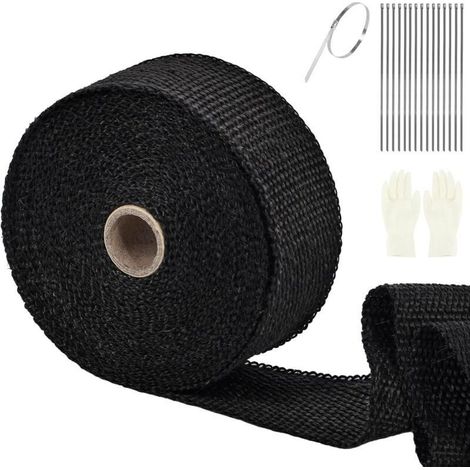 Bande Thermique, 15M50MM Echappement Ruban Isolant Collecteur, Isolant Thermique Bande avec 10Attaches en Serrage Inoxydable, Pour Collecteur de Moto et Pot d’échappement (Noir) (1/4)