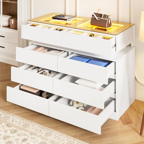 Buffet en verre avec éclairage LED, 8 tiroirs, étagères intégrées pratiques – polyvalent, peut servir de coiffeuse ou d'îlot de dressing, stable, blanc, 100 x 45 x 76 cm (1/5)