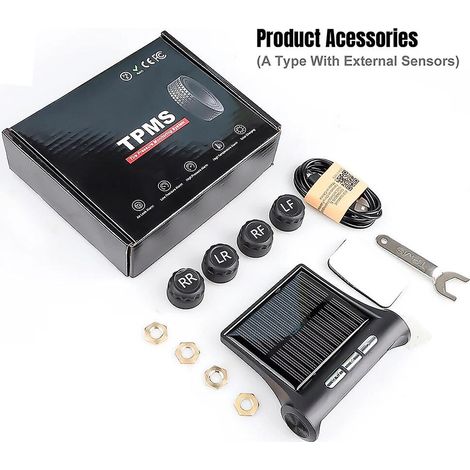 Système de surveillance de la pression des pneus (TPMS) à énergie solaire pour voiture, écran LCD, 4 capteurs externes et internes, avertisseur de température pour SUV (1/5)