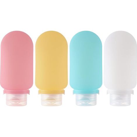 Sollbry 4 Pièces Contenant Voyage 90ml, Kit Flacon de Voyage Produit Toilette en Silicone Bouteille Voyage, Voyage Accessoires Rechargeable pour Shampoing Liquides Savon Crème Lotion Gel Douche (1/5)