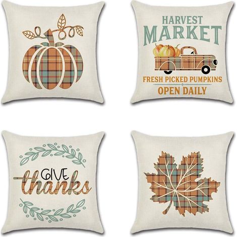 Lot de 4 housses de coussin décoratives 45 x 45 cm, housses de coussin en lin polyester thème automne oreiller (1/5)