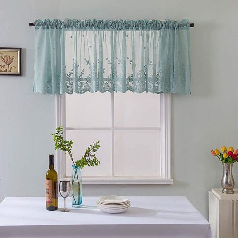 Rideau Courte - Rideau à Dentelle Florale Brodée - Semi Transparent - Pour Cuisine Salle À Manger Chambre - 130 x 41 cm - Bleu - Unité (1/5)
