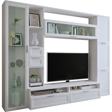 Wohnwand Carenno, modulares Wohnzimmerregal, 4 Schubladen, 8 Ablagen, Weiß