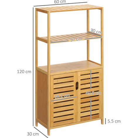 Meuble de salle de bain en bambou avec 2 étagères ouvertes et 2 portes, 60 x 30 x 120 cm (1/5)