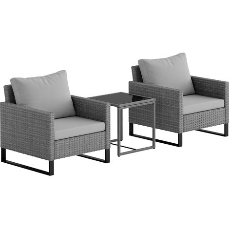 Outsunny 3PCS Rattan Bistro Set Glass Top Table and Chairs with 4 Cushions Grey (1/5)