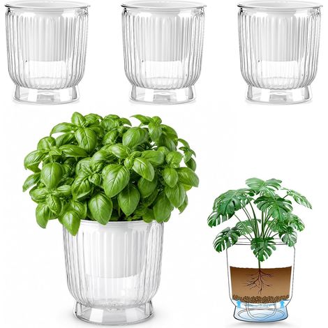 Lot de 4 Pots Auto Arrosant 11 cm, Pot de Fleur Intérieur, Durable Plastic Indoor Plant Pots, Pot Fleur Interieur avec Mèche (1/5)