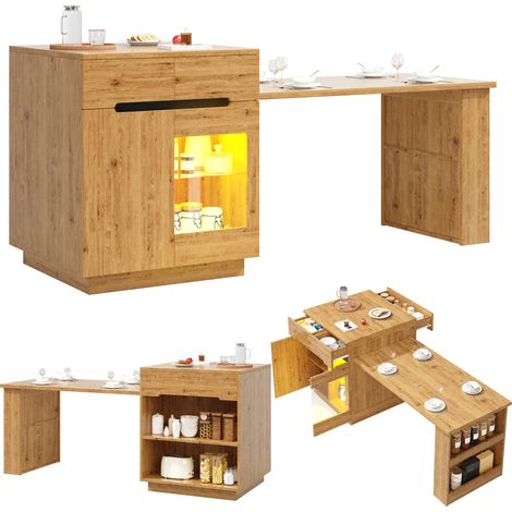 ELVMI Kücheninsel mit Schubladen, Glastür und Offenen Ablagen, LED, Ausziehbarem Tisch für Küche und Esszimmer (1/5)