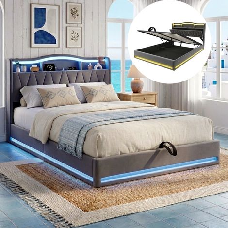 Lit Coffre 160x200 cm avec Tête de Lit Étagère - Sommier Hydraulique Relevable - Éclairage LED Intelligent - Design Moderne - Lit de Rangement - Gris
