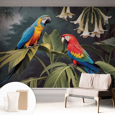 Papier peint intissé mural avec colle pour salon et chambre Décoration murale rapide - Colle incluse gratuite Perruches colorées 312x219 cm (1/5)