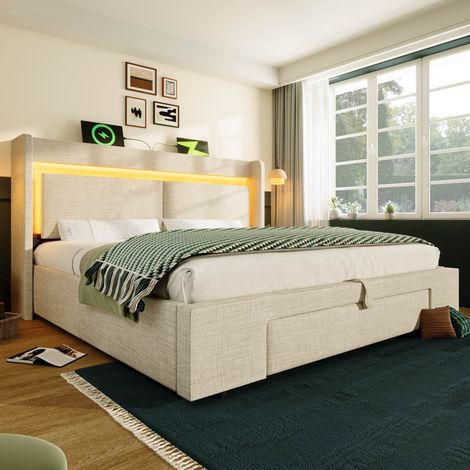 Lit capitonné 180x200 cm avec éclairage LED et port USB-C  Lit Coffre hydraulique avec tiroirs sommier à lattes en bois Lin Beige (1/5)