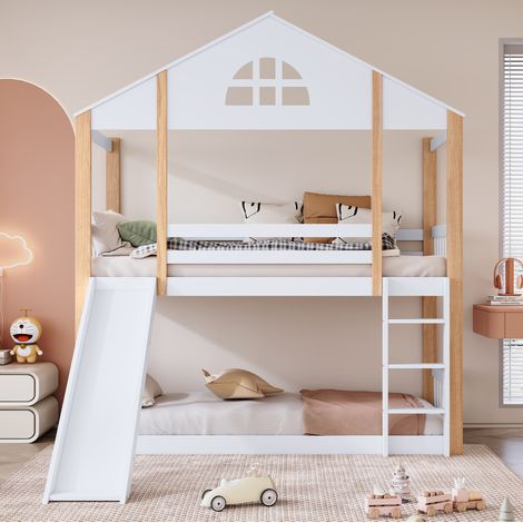 Letto a castello bambini 90x200 cm con scivolo e protezione anticaduta, bianco e naturale (1/5)