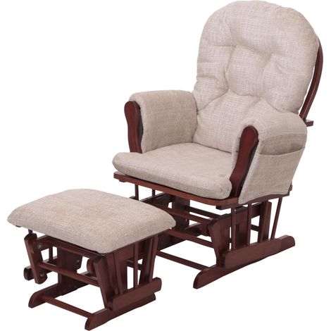 Poltrona a dondolo HHG-009 sedia relax poggiapiedi Stoffa/tessuto ciniglia (465g/m²), avorio, struttura scura