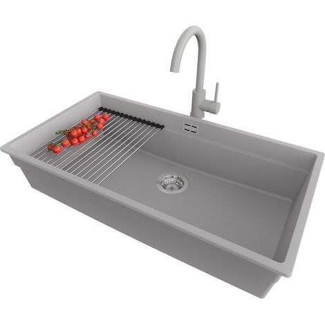 PRIMAGRAN Evier Sous Plan 86x47cm,Evier en Granit 1 bac + Robinet 32x20cm + Kit de Vidage + Égouttoir Enroulable, Évier au meuble 90cm - Prague, Gris (1/5)