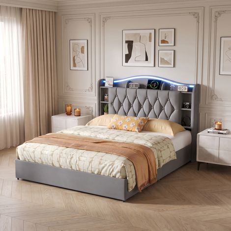 Lit coffre 160x200 cm velours capitonné avec tête de lit connectée (USB/Type-C, induction, LED) et rangement hydraulique - Facile à monter