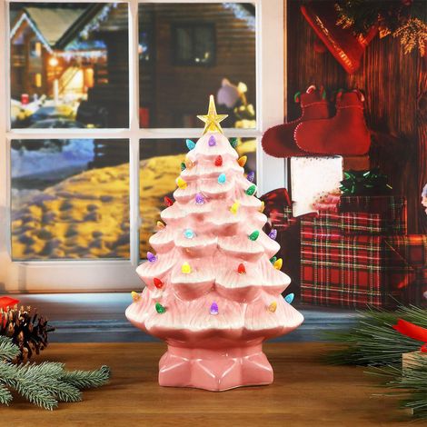 1 sapin de Noël miniature élégant en résine rose figurine décoration festive pour fenêtre table jardin 30 cm (1/4)