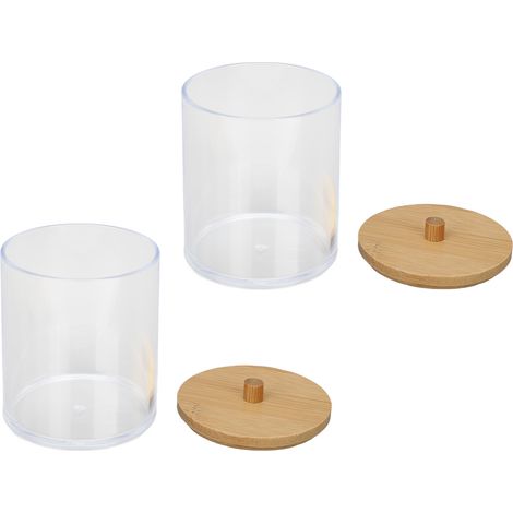 Boîte de rangement pour cotons-tiges, 2 pièces, cylindre en plastique transparent avec couvercle en bambou, organisateur de cotons-tiges pour la maison. (1/5)