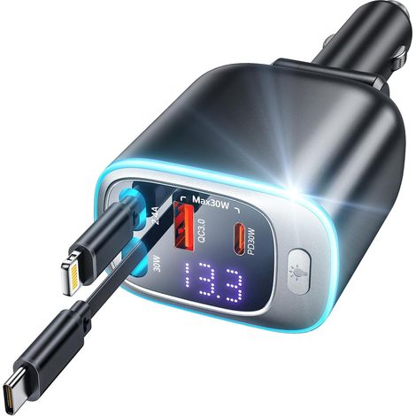 Rétractable Chargeur Allume Cigare USB C, Charge Rapide 4 Ports Chargeur Voiture 72W, Prise Allume Cigare 12V PD30W (1/5)