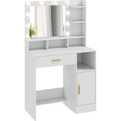 Coiffeuse blanche avec miroir lumineux LED 10 ampoules, intensité variable, tiroir, armoire et étagères, 80x40x135 cm (1/5)