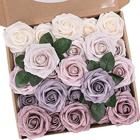 Künstliche Blumen Rosen, 25 Stück Kunstrosen Blumen Fake Rosen Deko mit Stielen für DIY Hochzeitsfeier, Valentinstag, Muttertag, Babyparty, Zuhause Dekoration, Farbverlauf Lila