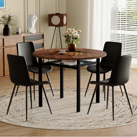 Conjunto de comedor con mesa redonda MDF efecto madera marrón de 100 cm y 4 sillas de PU negro con estructura metálica (1/5)