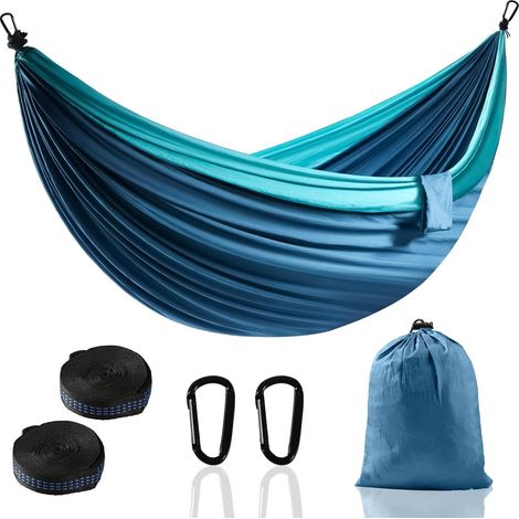 Hamac de camping et d'extérieur - Hamac parachute portable super léger avec deux sangles d'arbre - Hamac simple en nylon pour arbre de voyage (bleu lac, 270 x 140 cm) (1/5)
