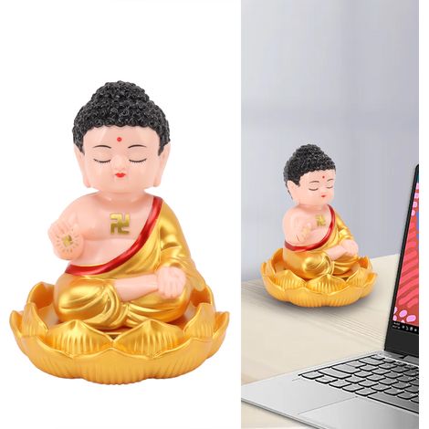Figurine de Bouddha à socle en lotus alimentée à l'énergie solaire, avec statue de Bouddha hochant la tête grâce à la lumière et robe dorée (1/5)