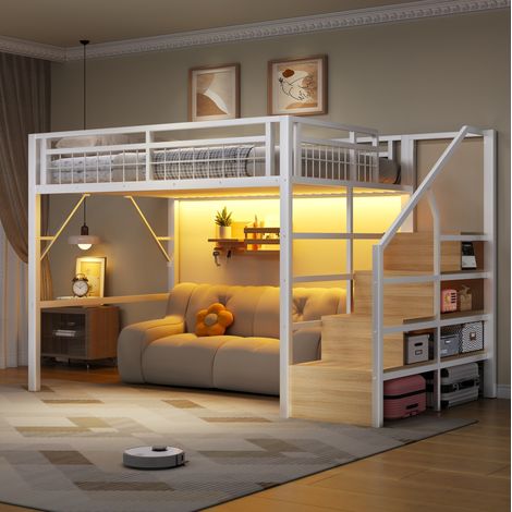 Lit enfant mezzanine 140x200 cm avec escalier de rangement et bande LED, métal et MDF, blanc HAVRYA (1/5)