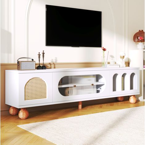 Meuble TV 170 x 37 x 47 cm, blanc et bois, portes effet rotin et porte coulissante en verre DESVIAE (1/5)