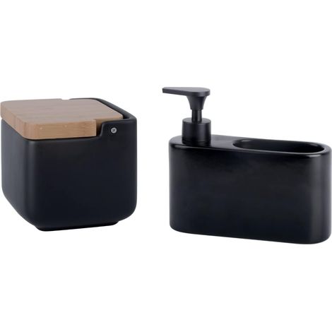 2 - Set Accessoires Cuisine - Boîte Sel Céramique Et Distributeur Savon Liquide - Design Moderne Pour Comptoir - Noir Mat Et Bambou - 11,5x11,5x11,5cm Et 18x6x15,8cm