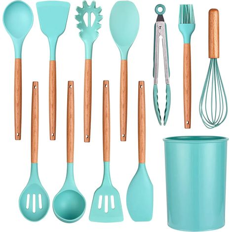 Küchenhelfer-Set, Silikon, 12-teiliges Kochutensilien-Set mit Halterung, Küchenhelfer mit Holzgriff, antihaftbeschichtet und hitzebeständig, Küchenhelfer und Spatel