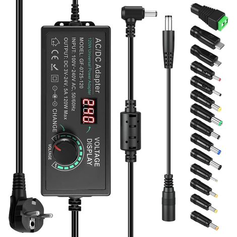 Adaptateur Secteur réglable 3-24 V 5 A 120 W, Bloc d'alimentation Universel 120 W Adaptateur réglable, 100 V-240 V CA à CC 5 A Bloc d'alimentation avec écran LED et 14 Embouts et câbles de polarité (1/5)