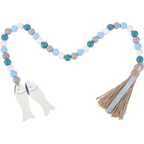 Guirlande de perles décoratives en bois, style champêtre, 75 cm de long, bleu ciel, pompon, 1 pièce (1/5)