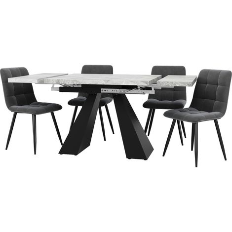 Ensemble de salle à manger 5 pièces, ensemble table à manger extensible pour 4 personnes, 160×80×75cm avec 4 chaises de salle à manger, chaise de salle à manger en velours gris, table grise avec pieds (1/5)
