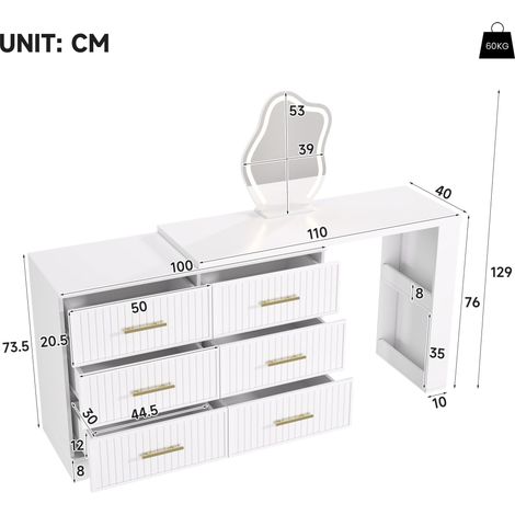 Tavolo da trucco girevole con illuminazione a LED, tavolo da toeletta, tavolo da ufficio, bianco, 110×40×129 cm (1/5)
