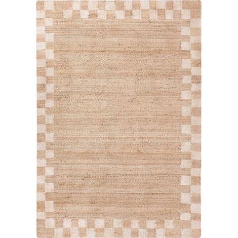 Area Rug Light Beige Jute Cotton 160 x 230 cm Rectangular Woven Rustic Style Living Room Bedroom Checkered Border BEED