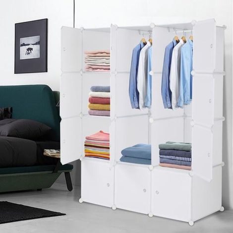 Étagères de rangement empilables en plastique à 12 cubes, design multifonctionnel, avec tringle de suspension, blanc.