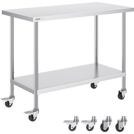 VEVOR Tavolo da Lavoro in Acciaio Inossidabile 610 x 1219 x 954 mm, con 4 Ruote, 3 Livelli di Altezza Regolabili, Tavolo Resistente per Preparazione Alimenti Ristoranti Cucina Commerciale, Argento