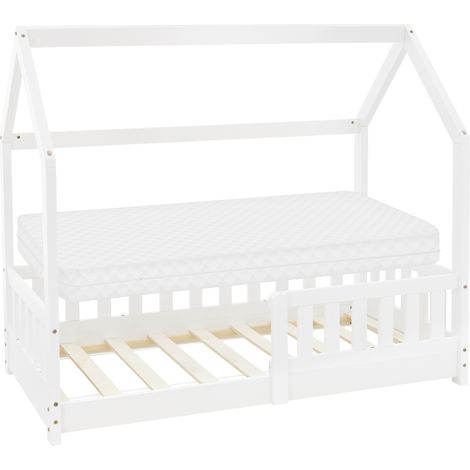 ML-Design Kinderbett 70x140 cm Weiß mit Matratze, Rausfallschutz, Dach und Lattenrost, Spielbett aus Kiefernholz, Hausbett für Mädchen und Jungen, Bettenhaus Bodenbett Jugendbett Kinderhaus Holzbett