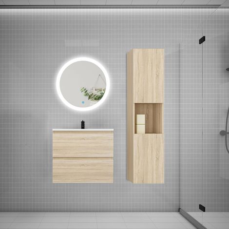 AICA Ensemble meuble vasque L.60cm 2 tiroirs + lavabo + LED miroir rond 60cm + colonne,chêne，design