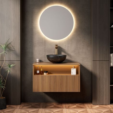 Waschtischkonsole aus Sperrholz und Keramik, Brown Oak/Schwarz, 80 cm, hängend, vormontiert mit LED-Sensorleuchte