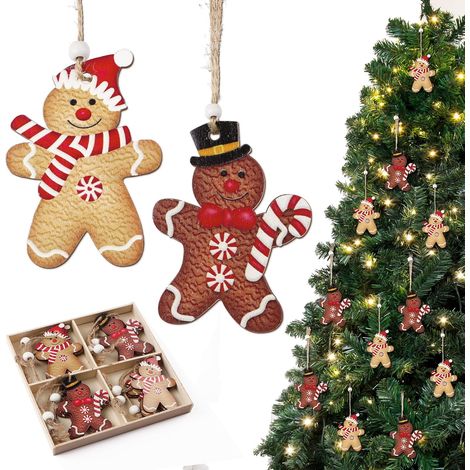 Adornos navideños de 12 piezas: colgantes de madera con forma de hombre de jengibre Ideales para decorar el árbol de Navidad o el dormitorio (1/5)