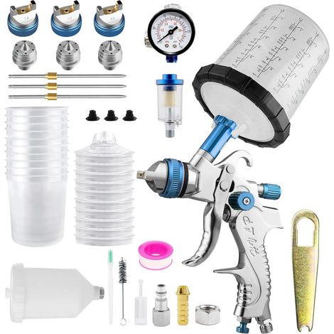 Pistolet à Peinture HVLP à air comprimé, pulvérisateur à gravité avec 3 Buses 1,4/1,7/2,0 mm et 10 Godets de mélange jetables avec Couvercle, kit Pistolet a Peinture carrosserie (1/5)