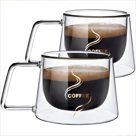 2er-Set doppelwandige Glasbecher, Modell „COFFEE“, modernes Design, hitzebeständig, Fassungsvermögen 200 ml, 74 x 93 mm. (1/5)