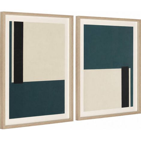 Set de 2 tableaux abstraits encadrés - blanc cassé, vert océan, noir et bois naturel (1/5)