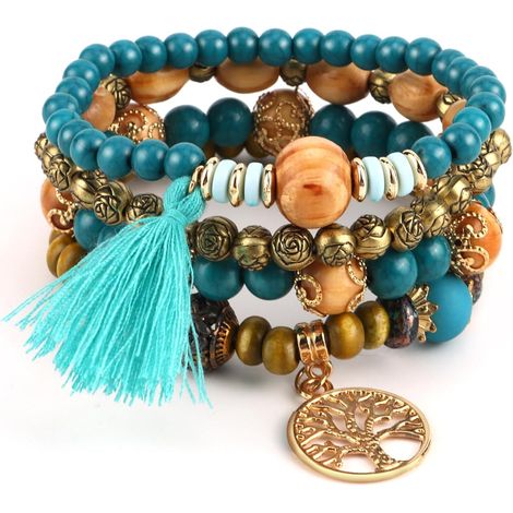 Bracelet Boho en Perles de Bois & Cristal Arbre de Vie et Paon Bleu Fait Main pour Femme Bijou Élégant pour Cadeau, Yoga et Quotidien (1/5)