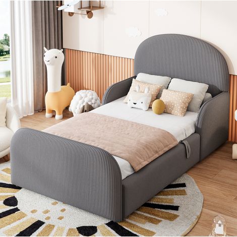 Letto imbottito per bambini 90x200 cm in velluto grigio, con testiera alta, sponde laterali e vano contenitore idraulico (1/5)
