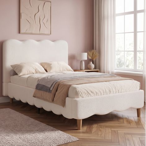 Cama tapizada individual 90 x 200 cm con somier de lamas y cabecero en bouclé blanco (1/5)