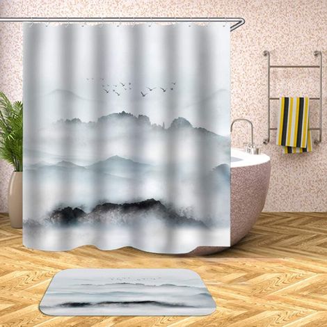 Cortina de ducha creativa e impermeable, resistente al moho, estilo moderno, 12 ganchos de anilla + 1 alfombrilla de ducha, accesorios de baño, 180 x 180 cm (1/5)